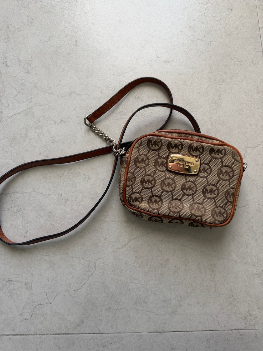 Michael Kors Brown & Tan Monogram Crossbody Camera Bag